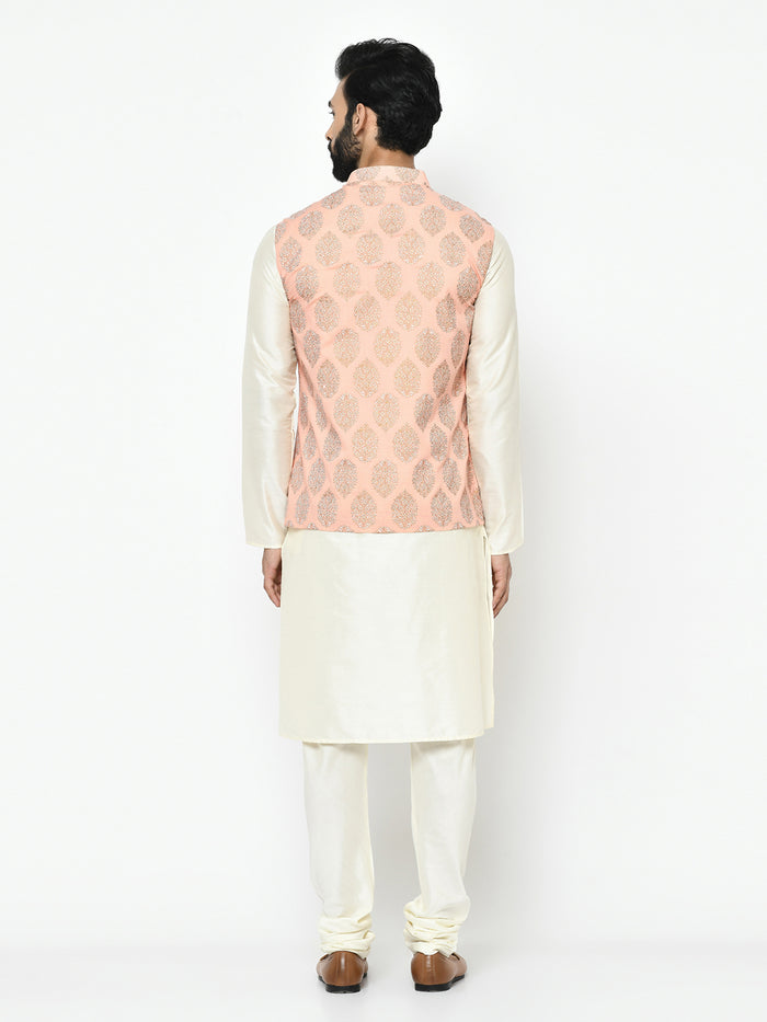 Pink Nehru Jacket Set â€“ Woven Ethnic Motifs Kurta with Cream Churidar â€“ Festive & Wedding Wear