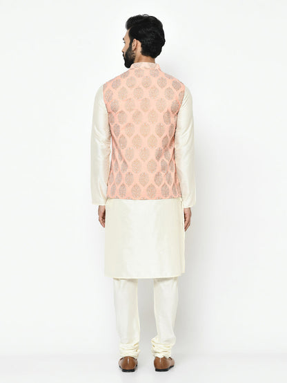 Pink Nehru Jacket Set â€“ Woven Ethnic Motifs Kurta with Cream Churidar â€“ Festive & Wedding Wear