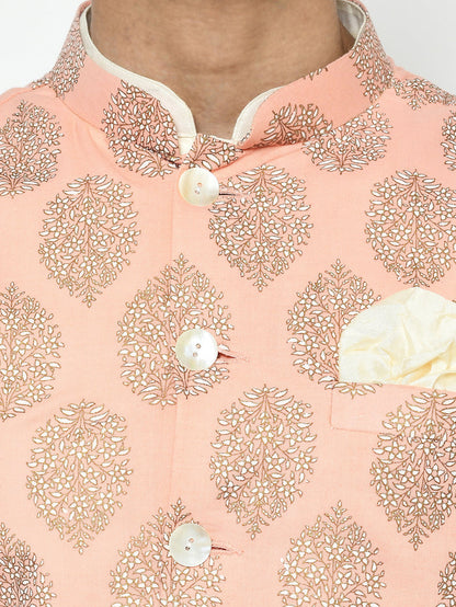 Pink Nehru Jacket Set â€“ Woven Ethnic Motifs Kurta with Cream Churidar â€“ Festive & Wedding Wear