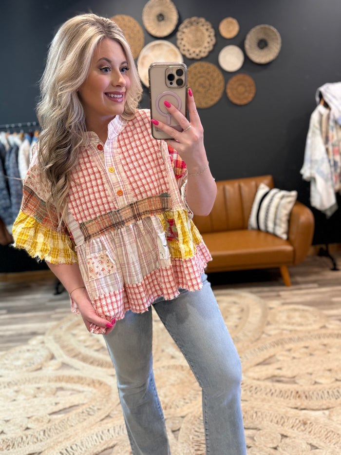 Pink Ruffle Plaid Top