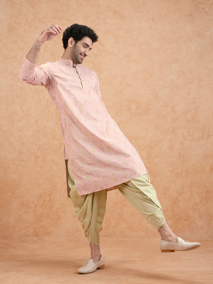 Pink Silk Blend Embroidered Kurta Mint Dhoti
