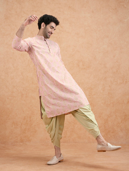 Pink Silk Blend Embroidered Kurta Mint Dhoti
