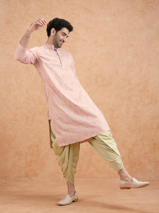 Pink Silk Blend Embroidered Kurta Mint Dhoti
