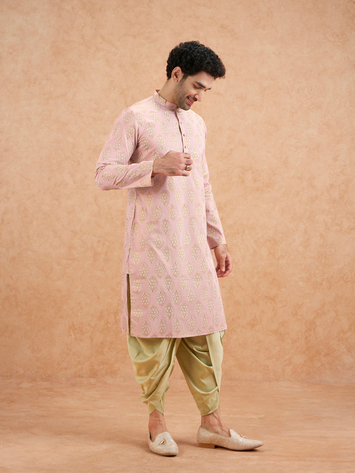 Pink Silk Blend Embroidered Kurta Mint Dhoti