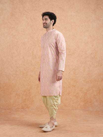 Pink Silk Blend Embroidered Kurta Mint Dhoti