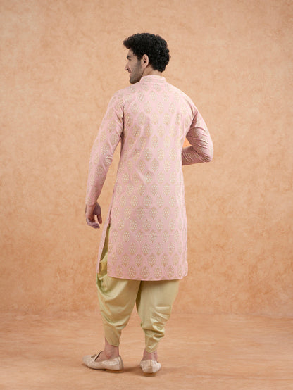 Pink Silk Blend Embroidered Kurta Mint Dhoti