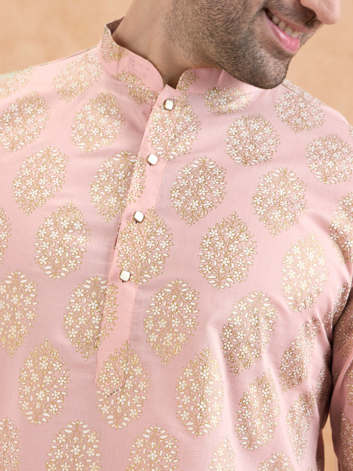 Pink Silk Blend Embroidered Kurta Mint Dhoti