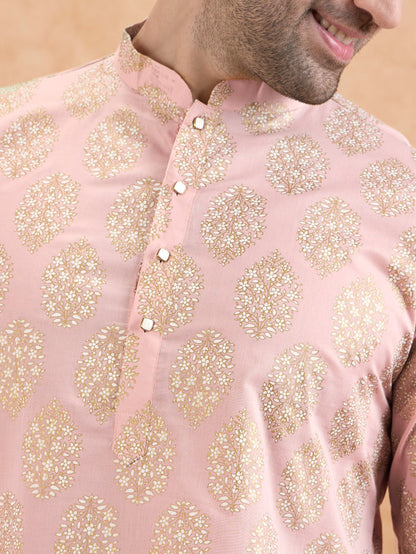 Pink Silk Blend Embroidered Kurta Mint Dhoti