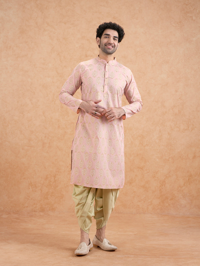 Pink Silk Blend Embroidered Kurta Mint Dhoti