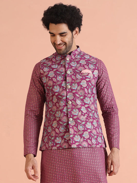 Pink Silk Blend Floral Jacquard Nehru Jacket