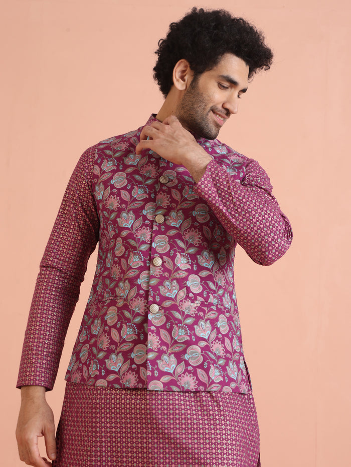 Pink Silk Blend Floral Jacquard Nehru Jacket