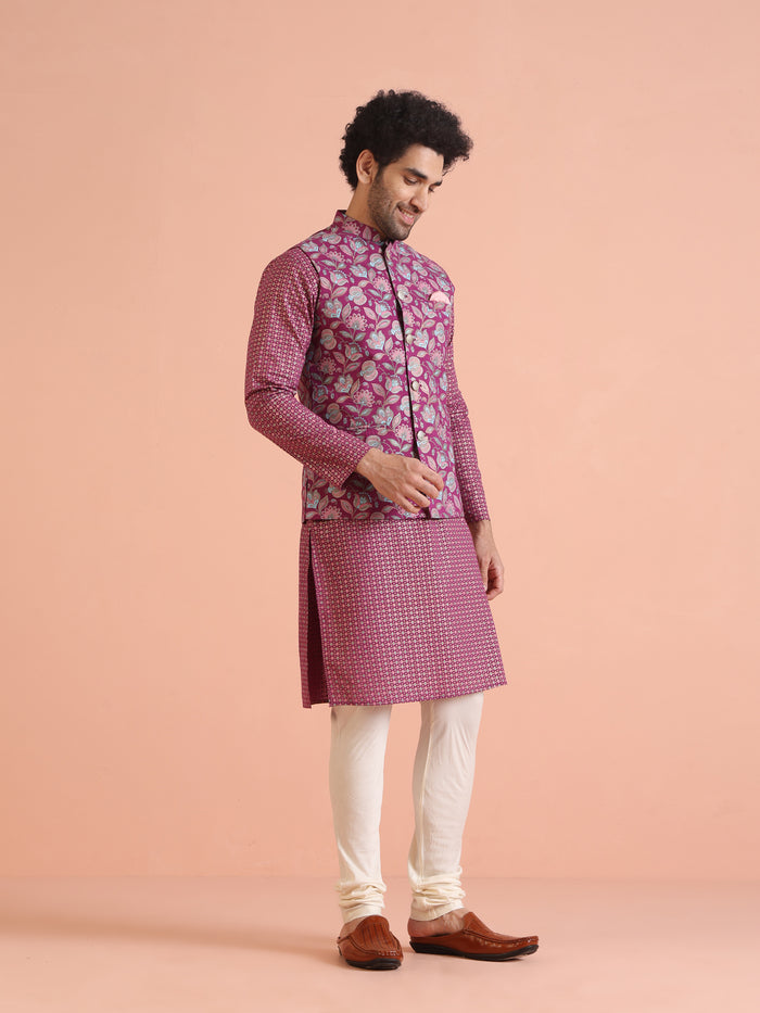 Pink Silk Blend Floral Jacquard Nehru Jacket