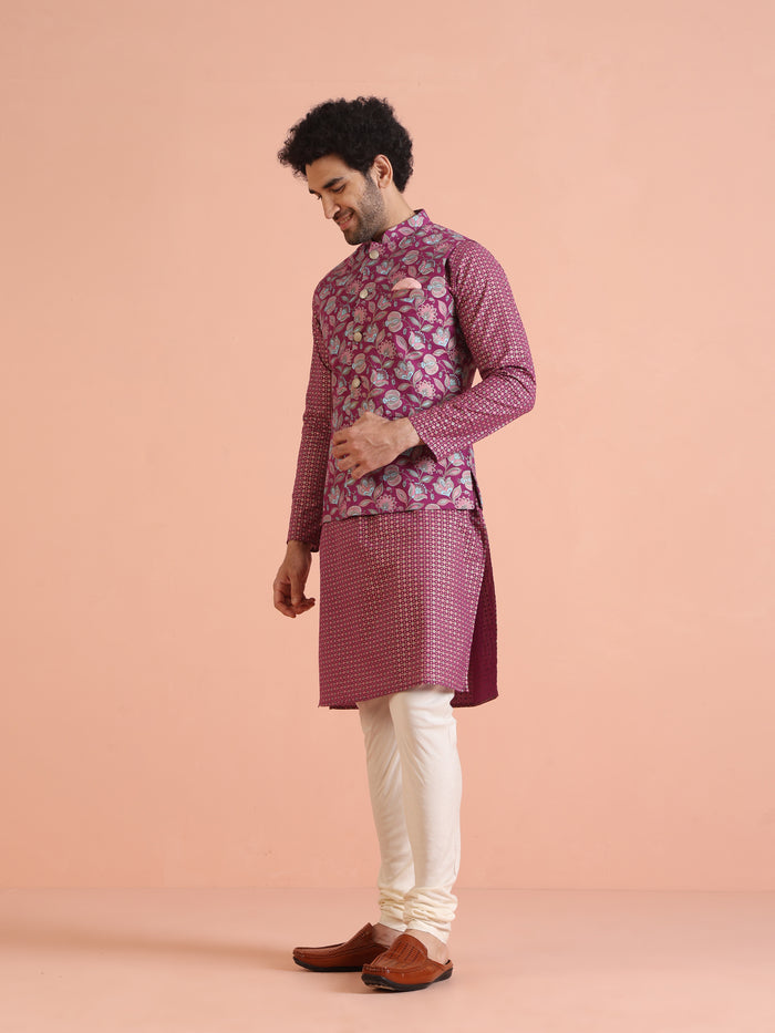 Pink Silk Blend Floral Jacquard Nehru Jacket