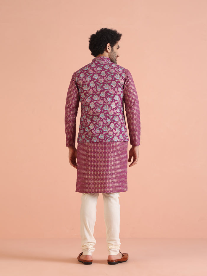 Pink Silk Blend Floral Jacquard Nehru Jacket