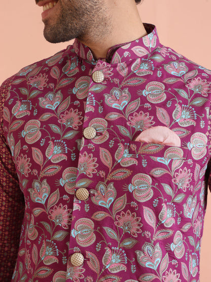 Pink Silk Blend Floral Jacquard Nehru Jacket