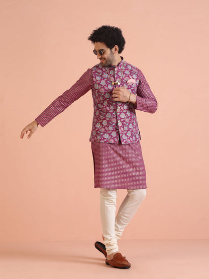 Pink Silk Blend Floral Jacquard Nehru Jacket