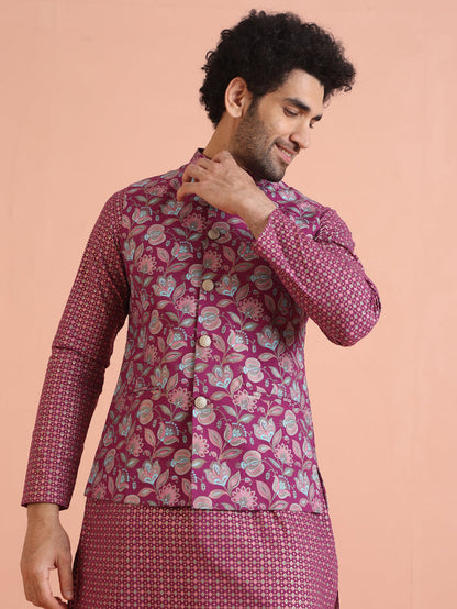 Pink Silk Blend Floral Jacquard Nehru Jacket