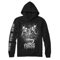 Stay Sick Clothing black hoodie with a detailed white horned demon and swirling chest graphic, stylized text beneath, and repeating white symbols down one sleeve.