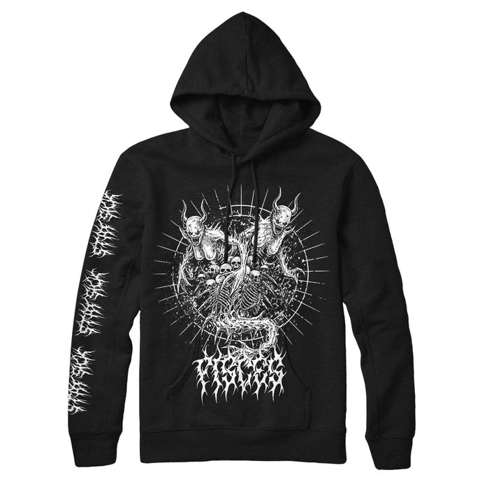 Stay Sick Clothing black hoodie with a detailed white horned demon and swirling chest graphic, stylized text beneath, and repeating white symbols down one sleeve.