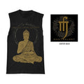 Sleeveless black shirt by Mantralogy, featuring a gold seated Buddha and Practice Loving Kindness above. The stylized Mantralogy logo appears on the center back.
