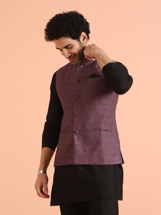 Purple Silk Blend Geometric Nehru Jacket