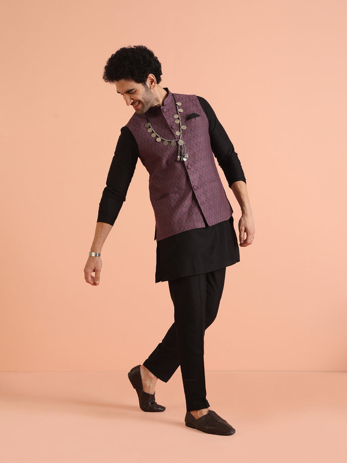 Purple Silk Blend Geometric Nehru Jacket