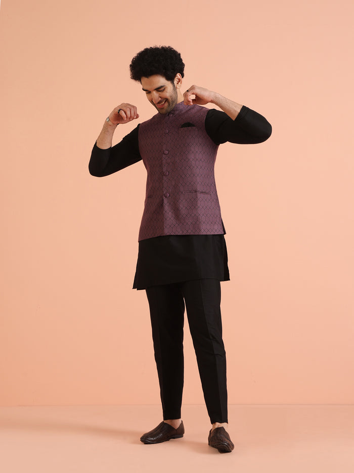 Purple Silk Blend Geometric Nehru Jacket