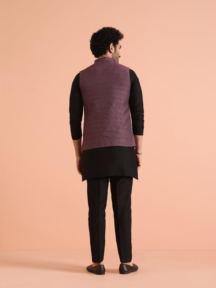 Purple Silk Blend Geometric Nehru Jacket