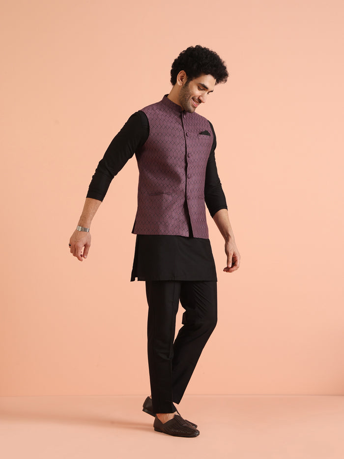 Purple Silk Blend Geometric Nehru Jacket
