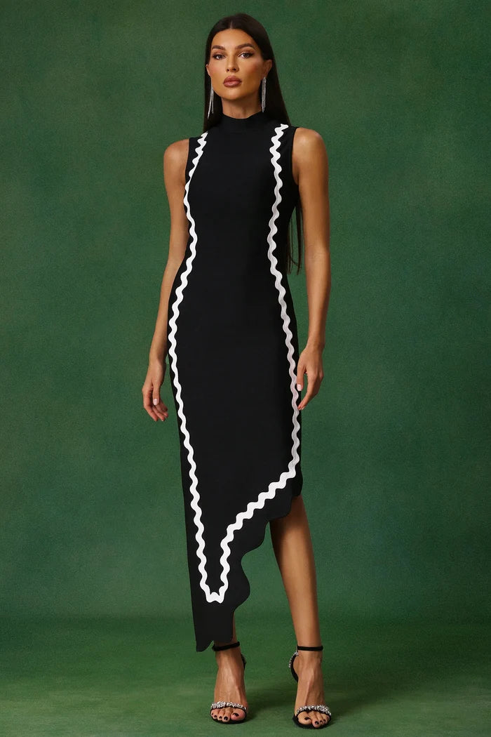 Rachel Asymmetrical Contrast Trim Midi Dress