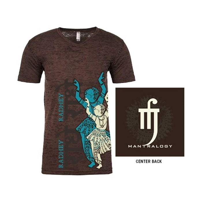 A brown Mantralogy V-neck T-shirt featuring a blue and cream illustration of two dancing figures with RADHEY on the front, and a white Mantralogy logo with decorative elements on the back.