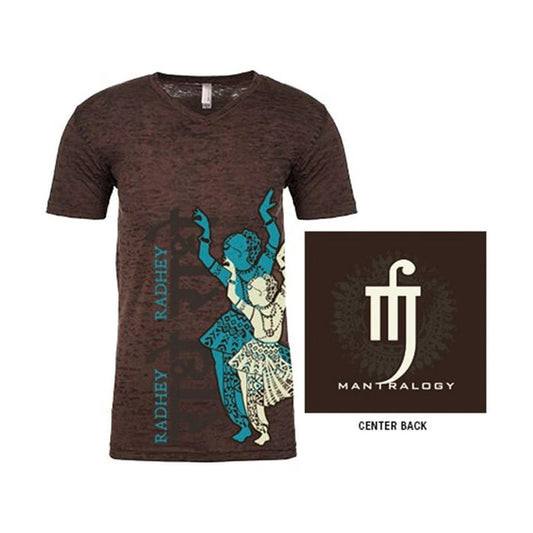 A brown Mantralogy V-neck T-shirt featuring a blue and cream illustration of two dancing figures with RADHEY on the front, and a white Mantralogy logo with decorative elements on the back.