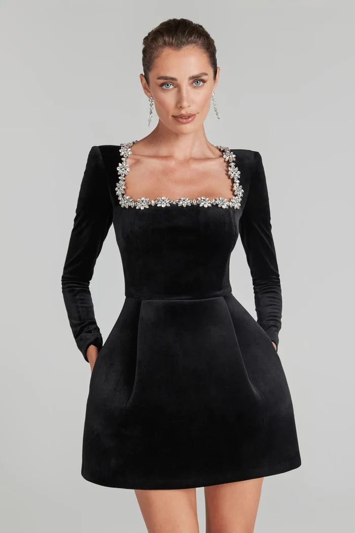 Rihanna Crystal-Trim Square Neck Mini Dress