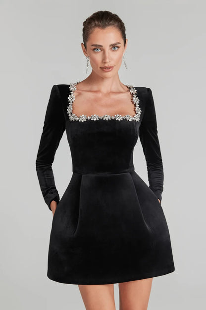 Rihanna Crystal-Trim Square Neck Mini Dress