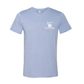 Wolf Culture light blue short-sleeve t-shirt featuring a small white WOLF CULTURE graphic with a wolf head line drawing on the left chest.