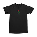 Stay Sick Clothing Distressed Black Rose t-shirt with small holes and a red rose with green stem and leaves embroidered at the center chest, offering a unique vintage style.