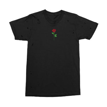 Stay Sick Clothing Distressed Black Rose t-shirt with small holes and a red rose with green stem and leaves embroidered at the center chest, offering a unique vintage style.