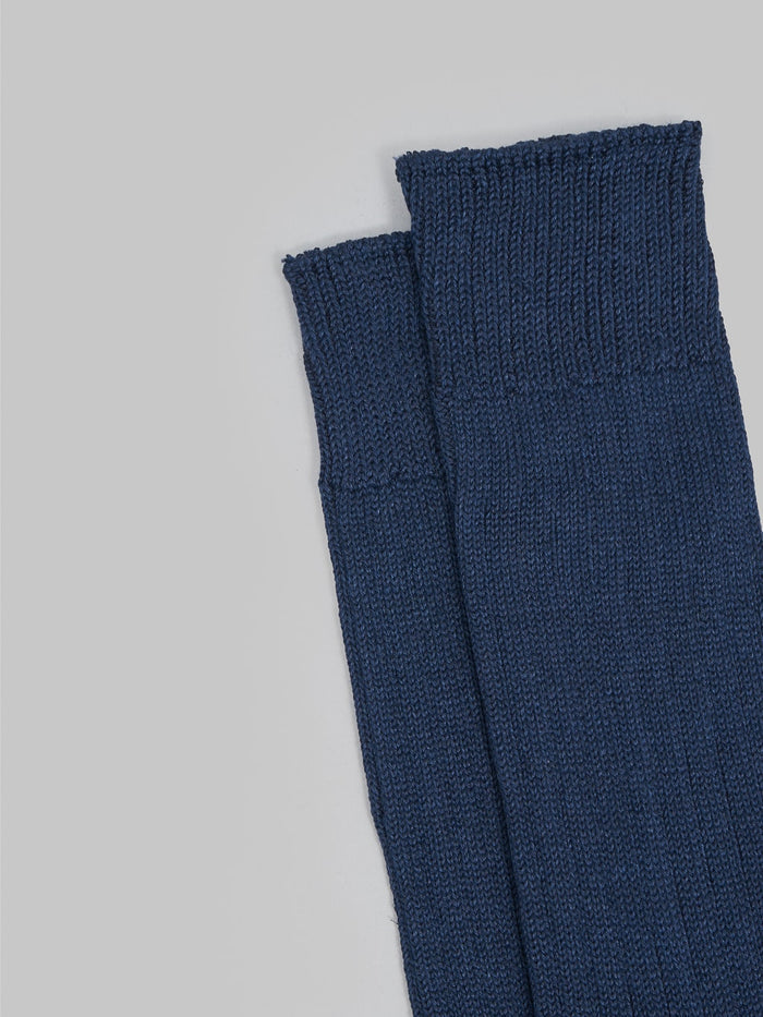 rototo linen cotton ribbed crew socks navy elastic band