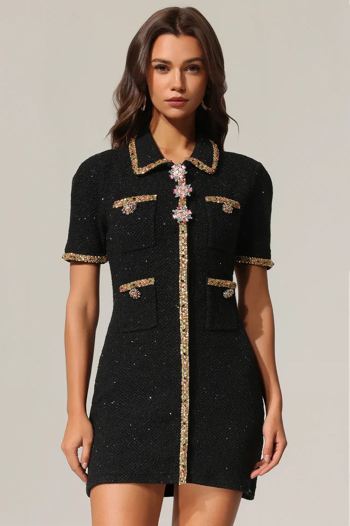 Roxie Black Tweed Embellished Mini Dress