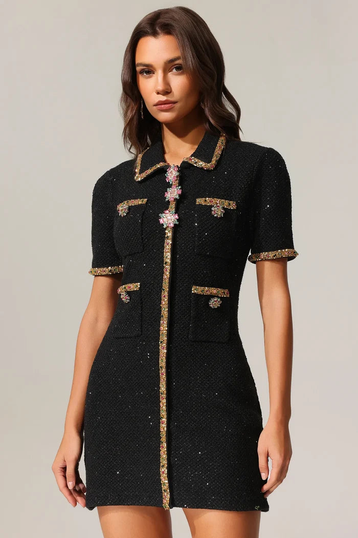 Roxie Black Tweed Embellished Mini Dress