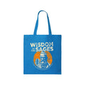 The Wisdom of the Sages sapphire tote bag features “WISDOM OF THE SAGES” text above a bearded sage and vintage microphone illustration, set on an orange circle background.