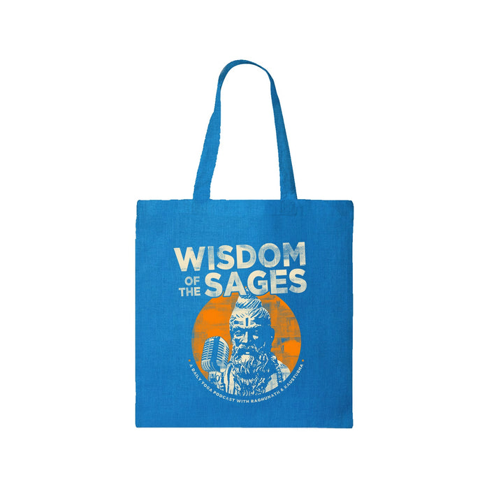 The Wisdom of the Sages sapphire tote bag features “WISDOM OF THE SAGES” text above a bearded sage and vintage microphone illustration, set on an orange circle background.