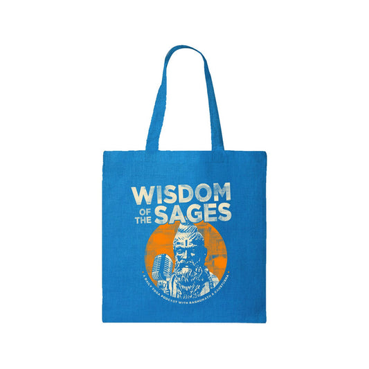 The Wisdom of the Sages sapphire tote bag features “WISDOM OF THE SAGES” text above a bearded sage and vintage microphone illustration, set on an orange circle background.