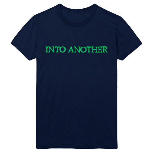 A navy blue Into Another T-shirt with the words INTO ANOTHER printed in bold, bright green capital letters across the chest.