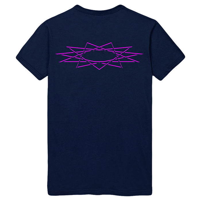 An Into Another navy t-shirt featuring a geometric, star-like design in bright pink lines on the upper back.