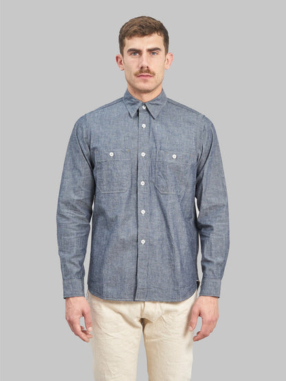 seuvas selvedge indigo chambray work shirt model front fit