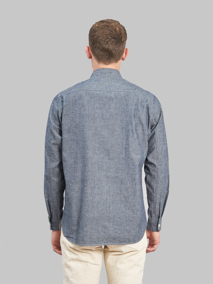 seuvas selvedge indigo chambray work shirt  model back fit