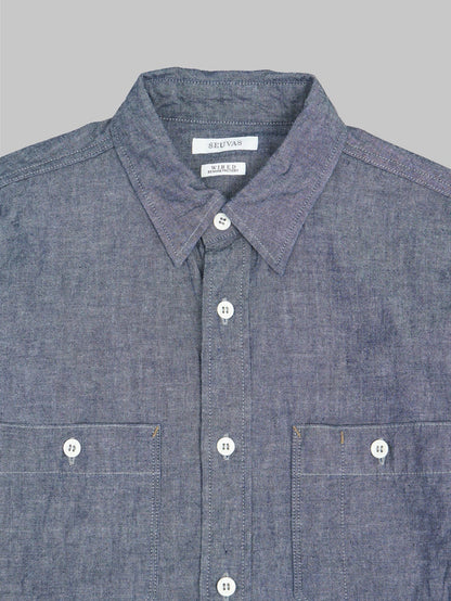 seuvas selvedge indigo chambray work shirt  chest closeup