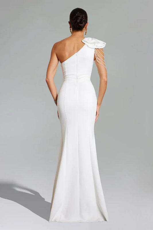 Shakira White One-Shoulder Floral Gown