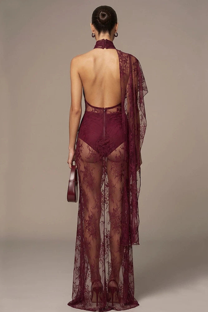 Sheer Lace Draped Maxi Dress